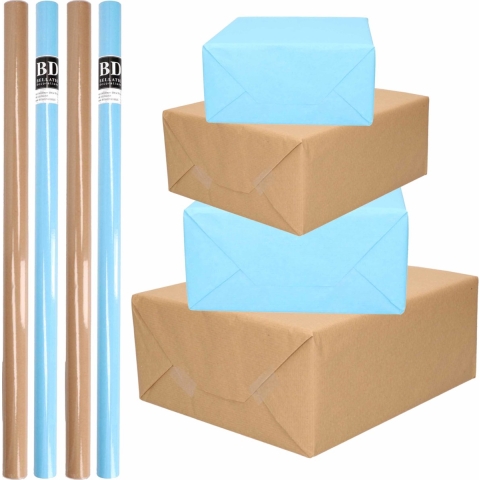 10x Rollen kraft inpakpapier/kaftpapier pakket bruin/lichtblauw 200 x 70 cm -