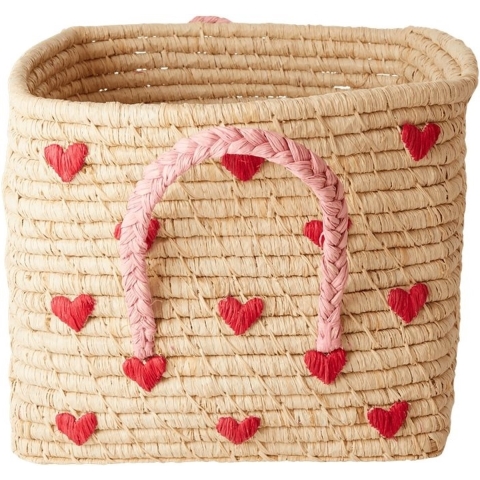 Rice Opbergmand - Raffia - 30x30x25 cm - Naturel m. Harten - Rice - OneSize - Opbergen