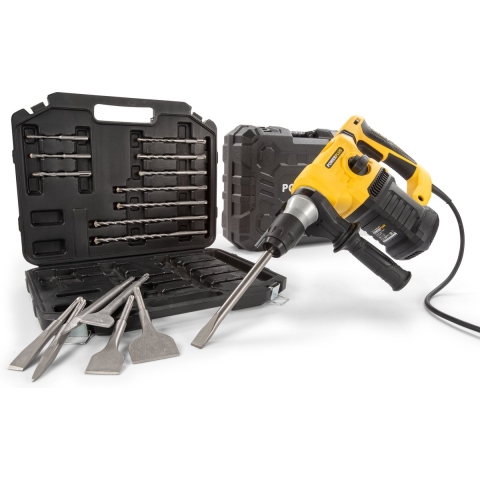 Powerplus Elektrische klopboormachine POWX1199 - 4 in 1: boren hamerboren beitelen en beitelrotatie, 1500 W boormachine, 5 J, 6 snelheidsfuncties, SDS-plus, 17 accessoires