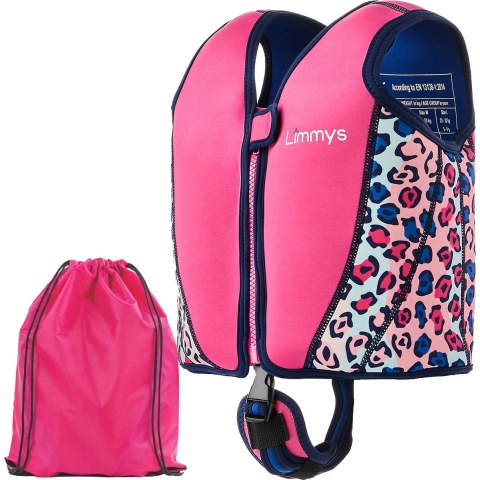 Limmys Zwemvest voor Kinderen - Drijfvest met Aanpasbare Drijfsterkte - Veilige&Comfortabele Reddingsvest - Roze Luipaard - S (1-2 Jaar)