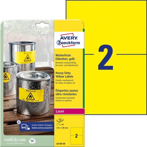Avery-Zweckform L6130-20 Folie-etiketten 210 x 148 mm Polyester folie Geel 40 stuk(s) Permanent hechtend Laser (kleur), Laser (zwart/wit), Kopiëren (kleur),