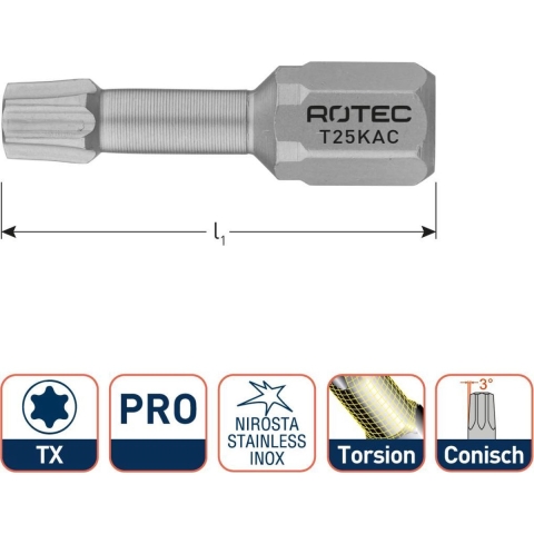 Rotec PRO Insertbit T 15 L=25mm C 6,3 Torsion Konisch RVS - 10 stuks - 8071015