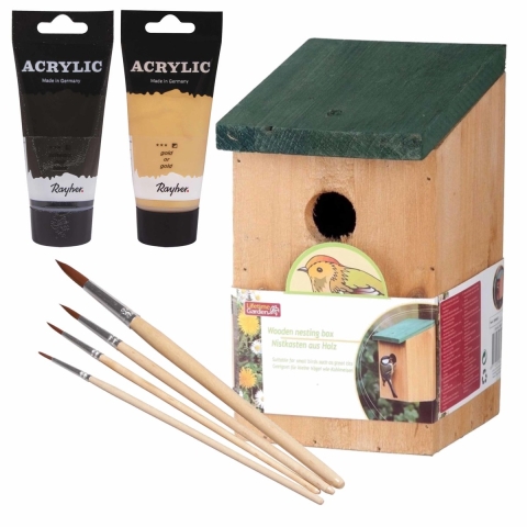 Houten vogelhuisje/nestkastje 22 cm - zwart/goud Dhz schilderen pakket -