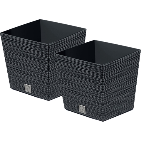 Plantenpot/bloempot Furu Stripes - 2x - voor buiten - kunststof - antraciet - vierkant - D24 x H23.5 -