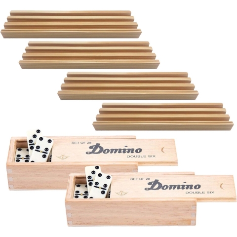 4x Dominostenenhouder met 2x domino spel in houten doos 56x stenen -