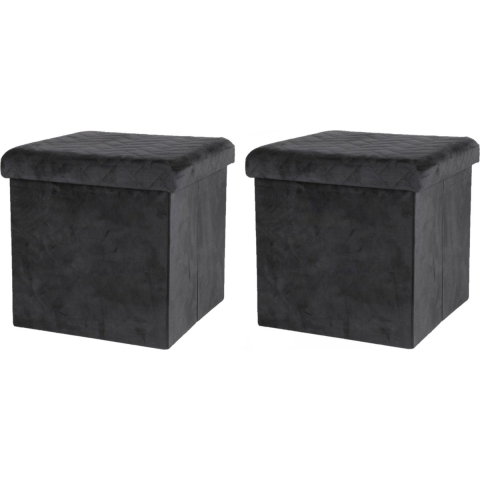 Poef/hocker - 2x - opbergbox zit krukje - velvet zwart - polyester/mdf - 38 x 38 cm - opvouwbaar -