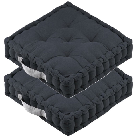 Stof Textile Vloerkussen DUO - 2x - antraciet - katoen - 45 x 45 x 10 cm - vierkant - Extra dik -