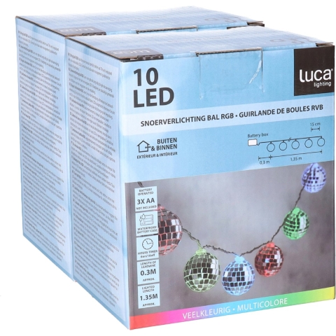 LED discobollen lichtsnoer - 2x - 10 led bolletjes -gekleurd - 150 cm - disco - spiegelbollen -