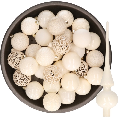 Set van 37x stuks kunststof kerstballen 6 cm en glazen piek wol wit -