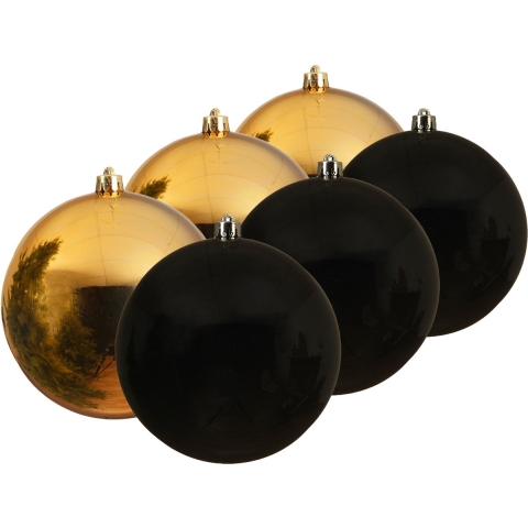Kunststof kerstballen 6x stuks goud en zwart 14 cm -