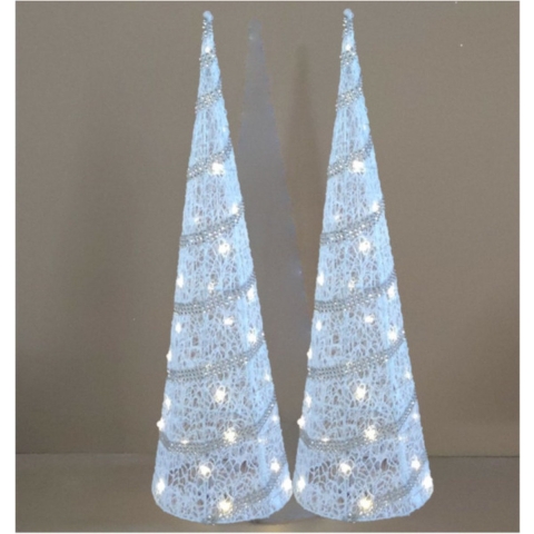 LED kegel/piramide kerstboom lamp - 2x - wit - rotan/kunststof - H59 cm -