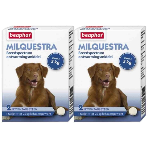 2x Beaphar Milquestra Ontworming Tabletten Hond 5 - 50 kg 2 tabletten