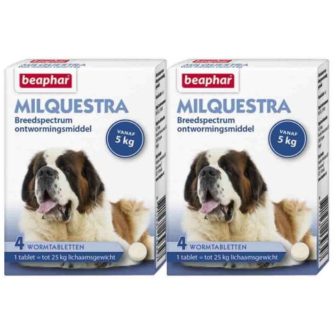 2x Beaphar Milquestra Ontworming Tabletten Hond 5 - 75 kg 4 tabletten
