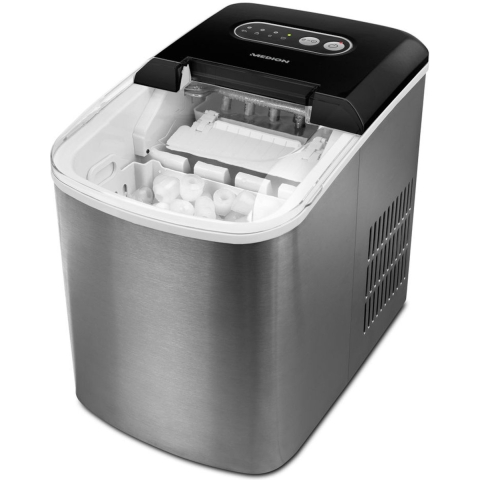 MEDION Ice Cube Maker (ijsblokjesmachine, waterreservoir van 2,2 liter, korte productietijd 6-12 minuten, 2 selecteerbare ijsblokjesformaten, zelfreinigend, roestvrij staal, MD17739)