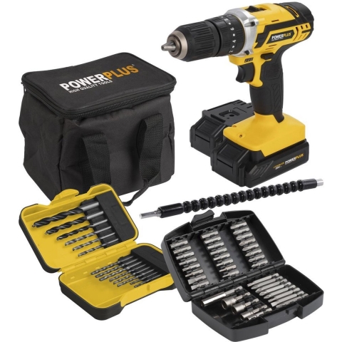 Powerplus Accu klopboormachine POWX00840 - 3 in 1: boren hamerboren en schroeven, 20 V boormachine, 40 Nm, Links en rechts schroeven, Incl. 2 accu's 2.0 Ah en 1 lader, 53 accessoires