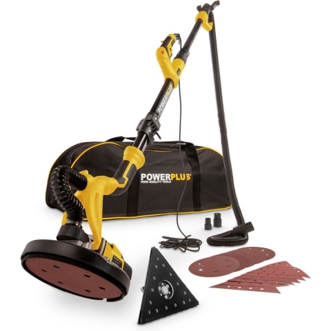 Powerplus POWX0477 Telescopische wandschuurmachine - 710W -Ø225mm - Incl. 2 schuurkoppen (rond en driehoek), 6x schuurpapier en stofzak - Voor plafond en muur