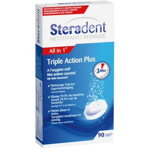4x Steradent Triple Action Plus Kunstgebit Reiniger 90 tabletten