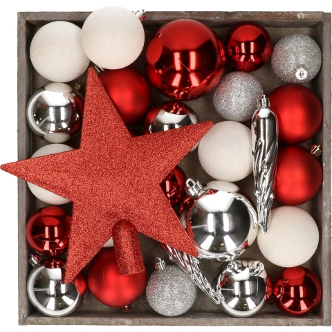 Kunststof kerstballen - 45x stuks - met ster piek - rood,wit,zilver -