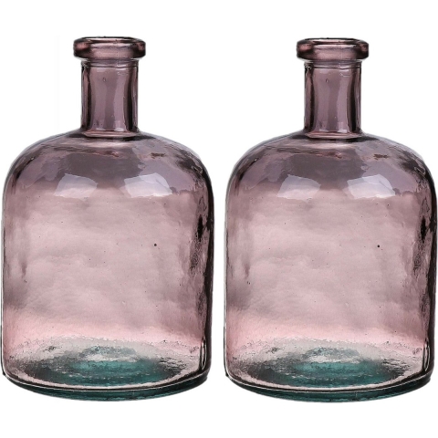 Bloemenvaas - 2x - roze - transparant gerecycled glas - D15 x H24 cm -