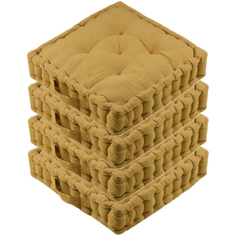 Stof Textile Vloerkussen Maxime - 4x - okergeel - katoen - 45 x 45 x 10 cm - vierkant - Extra dik -