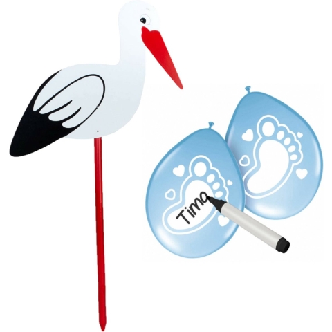 Geboorte versiering jongen - ooievaar geboorte bord - 100 cm hoog - 6x blauwe ballonnen -