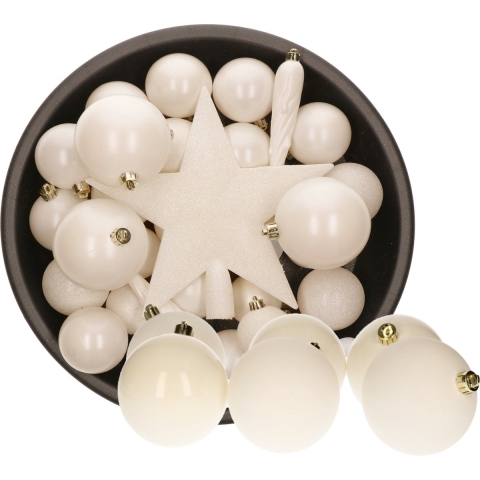 39x stuks kunststof kerstballen en ijspegels met ster piek wol wit -