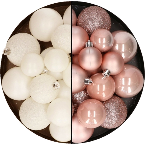 Kerstballen 60x stuks - mix lichtroze/wol wit - 4-5-6 cm - kunststof -