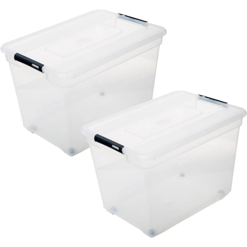 5Five opberg kist met deksel - 2x - Box - 80 liter - 67 x 47 x 36 cm - kunststof - transparant -