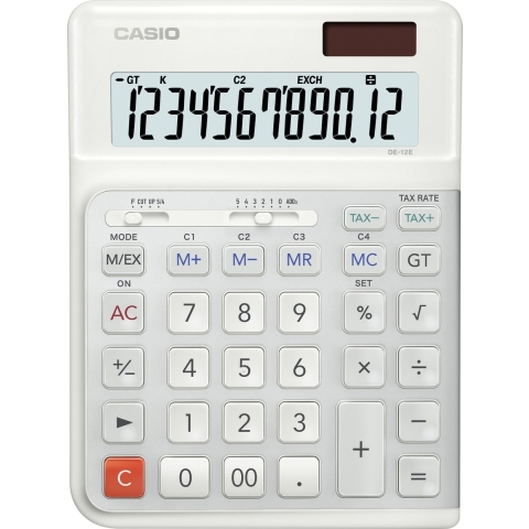 Casio DE-12E-WE Bureaurekenmachine Wit Aantal displayposities: 12 werkt op batterijen, werkt op zonne-energie (b x h x d) 140 x 188 x 35 mm