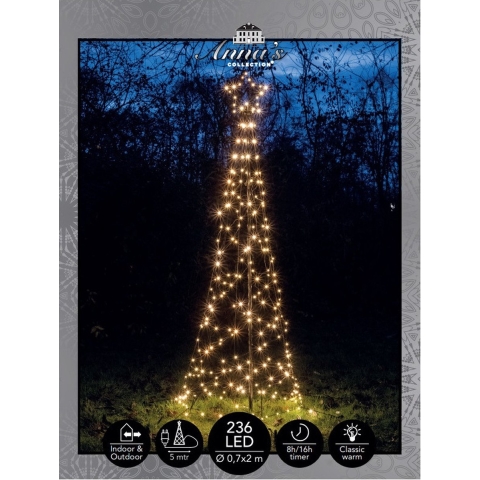 Vlaggenmast kerstboom met ster - kerstverlichting - 236 leds - 200 cm - warm wit -