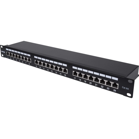 Intellinet 24-Port Cat6a Patchpanel geschirmt 1HE Kabeleinführung 90° abgewinkelt schwarz 24 poorten Patchpaneel 483 mm (19) 1 HE Zwart Ingericht