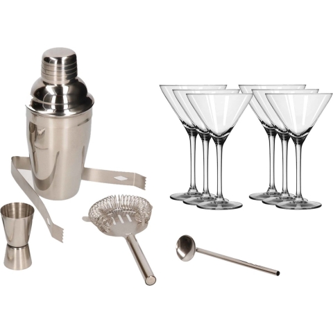 Cocktailshaker set RVS 5-delig inclusief 6x luxe cocktail/martini glazen 260 ml -