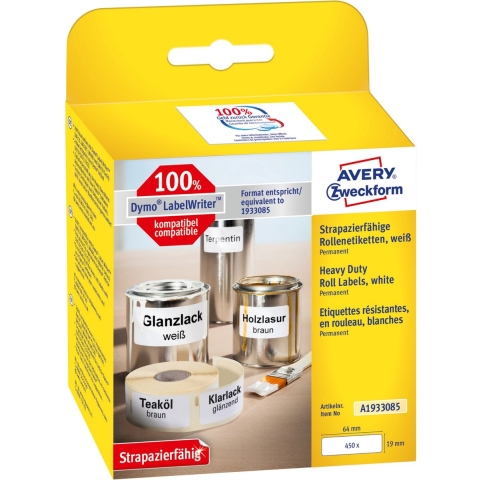 Avery-Zweckform A1933085 Rol met etiketten 19 x 64 mm Folie Wit 450 stuk(s) Permanent hechtend Universele etiketten