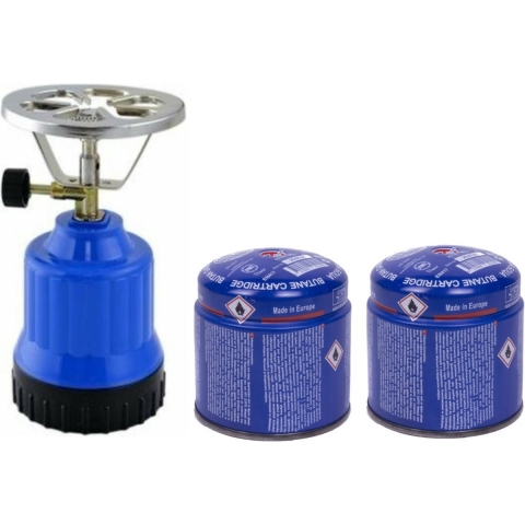 Camping kookstel kunststof blauw incl. 3x gas navulling priktank 190 gram -