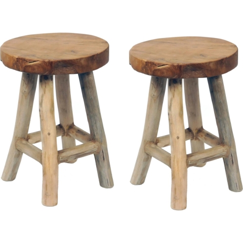 Zit krukje/bijzet stoel - 2x - teak hout - lichtbruin - D30 x H42 cm -