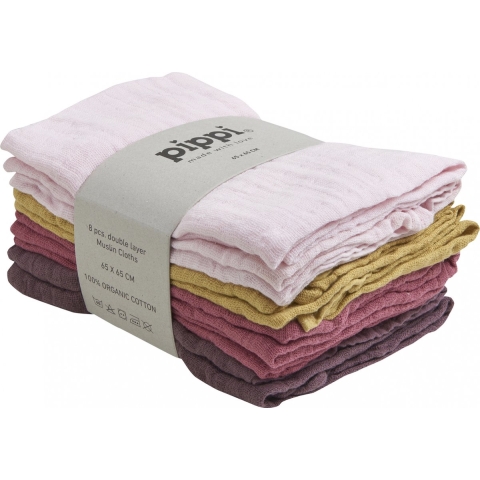 Pippi Hydrofiele Doek - Organic - 8-pack - 65x65 cm - Chalk Pink - Pippi Baby - OneSize - Hydrofiele Doek