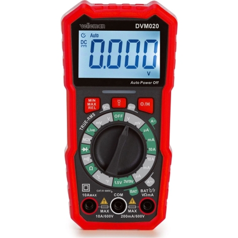 Velleman Digitale multimeter, datahold, geschikt voor het meten van AC/DC-stroom, AC/DC-spanning, weerstand, batterijspanning, continuïteit, temperatuur, inclusief meetsnoeren