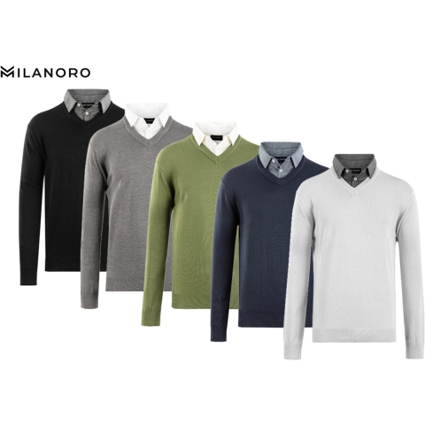 Milanoro - Herenpullover met overhemdkraag - Lichtgrijs - L