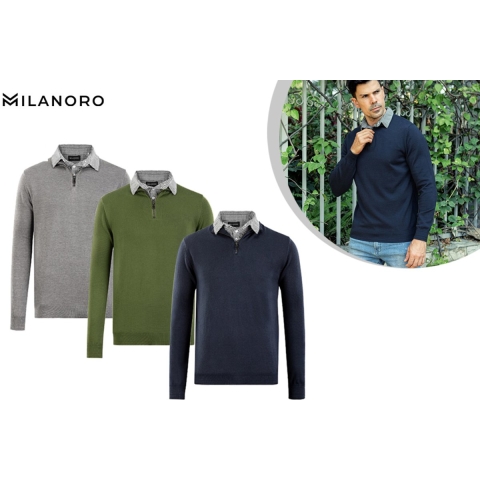 Milanoro - Herenpullover met overhemdkraag en halve rits - Navy - XL