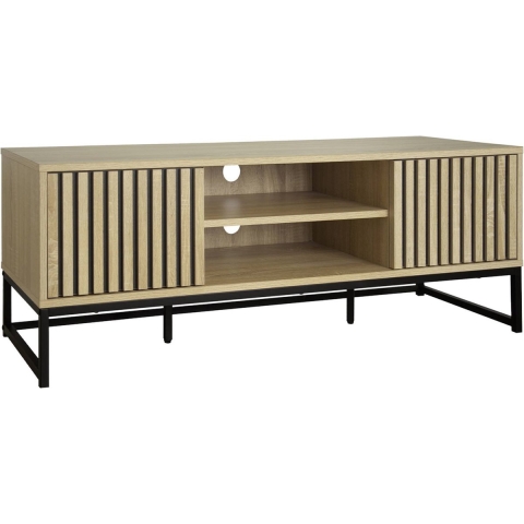 sweeek - 2-deurs TV-meubel in gegroefd hout en zwart metaal L 120
