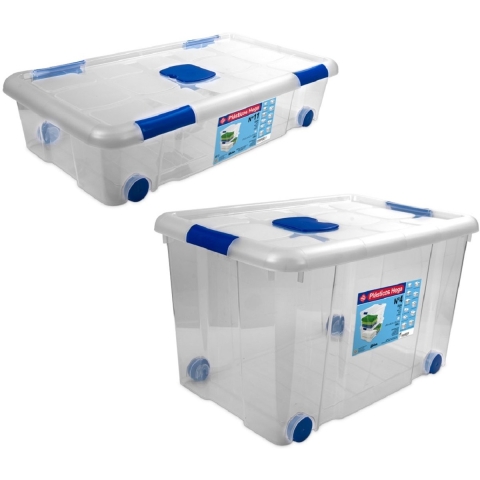 4x Opbergboxen/opbergdozen met deksel en wieltjes 31 en 55 liter kunststof transparant/blauw -
