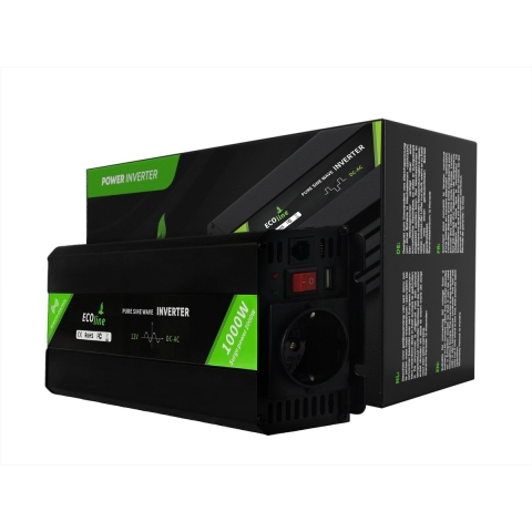 EcoLine - Omvormer 12V Naar 220V/230V - 1000w Vermogen - Zuivere sinus - Auto omvormer - Remote Controlled
