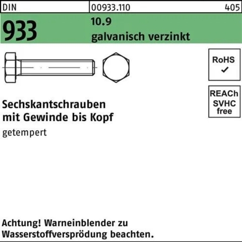 DIN 933 Sechskantschraube VG M12x35 Stahl 10.9 galvanisch verzinkt