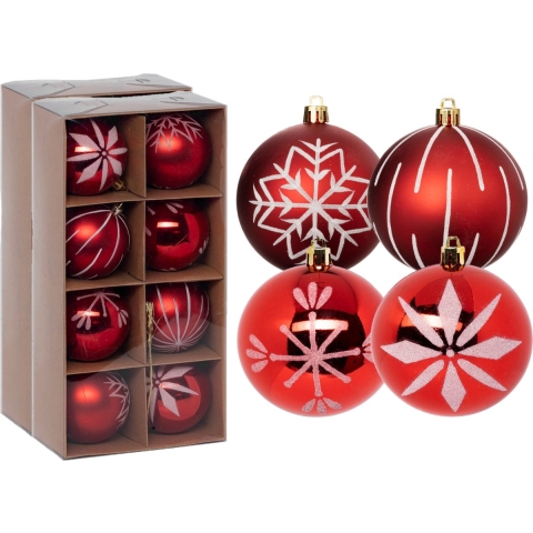 Gedecoreerde kerstballen - 16x st - 8 cm - kunststof - rood/wit -