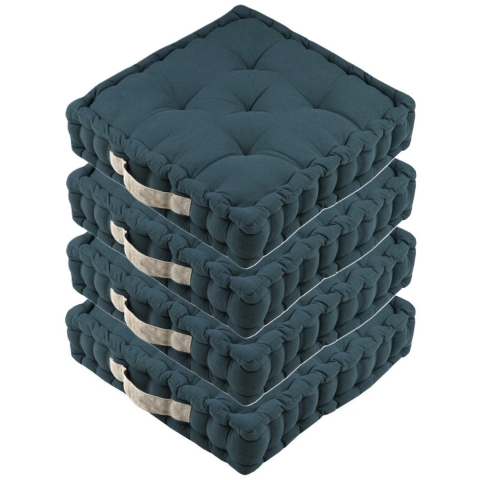 Stof Textile Vloerkussen DUO - 4x - blauw - katoen - 45 x 45 x 10 cm - vierkant - Extra dik -