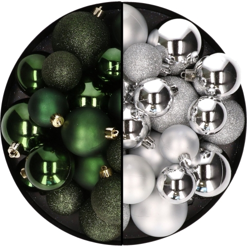 Kerstballen 60x stuks - mix donkergroen/zilver - 4-5-6 cm - kunststof -