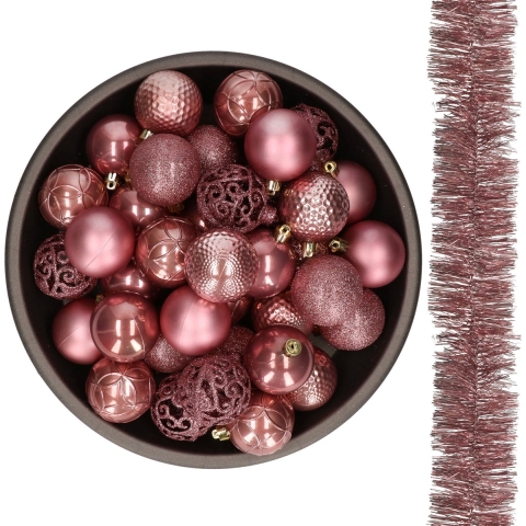 37x stuks kunststof kerstballen 6 cm met 2x stuks slingers oudroze -