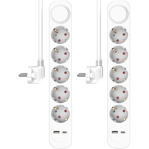 2-Pack ELRO ES305 Stekkerdoos 7-voudig met 1,5m snoer en schakelaar– 5x stopcontact + USB + USB-C – Kinderbeveiliging – randaarde stekker – max. 3680W – TÜV getest