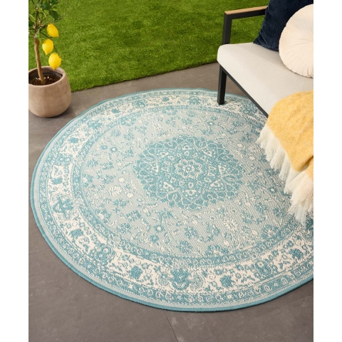 Tapeso Rond Vintage buitenkleed - Flip Agnes turquoise - 200 cm rond