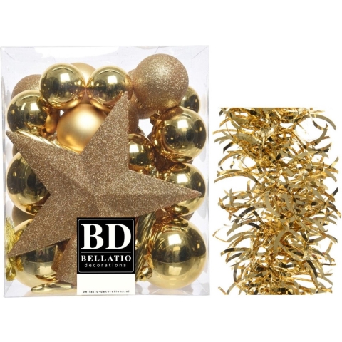 Kerstversiering kerstballen 5-6-8 cm met ster piek en golf slingers pakket goud van 35x stuks -